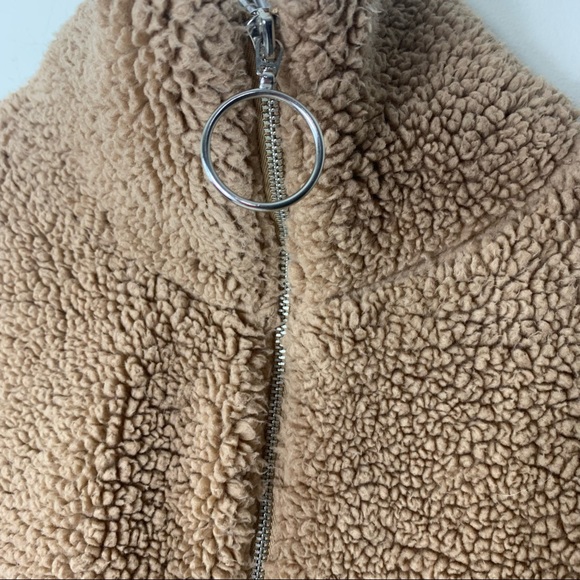 Topshop Quarter Zip Fleece Teddy Sweatshirt In Tan Pullover Jacket  Size 12 - Picture 6 of 7